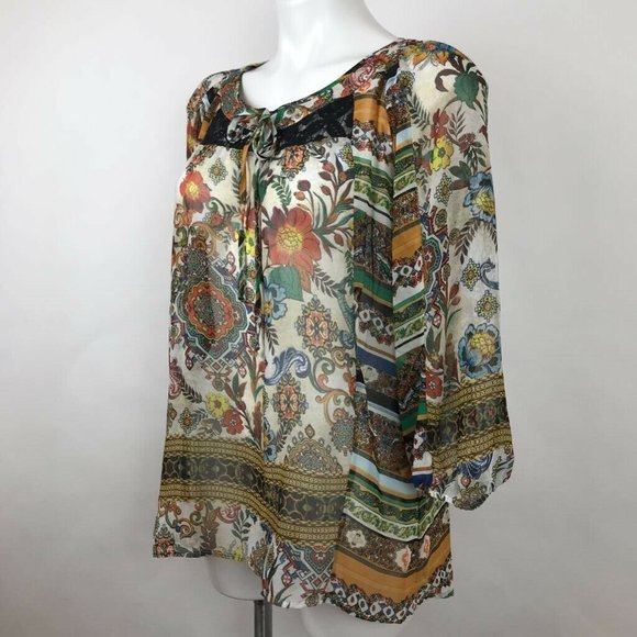 Fig And Flower Tunic Top Boho Floral Sheer Sz M - Picture 3 of 7